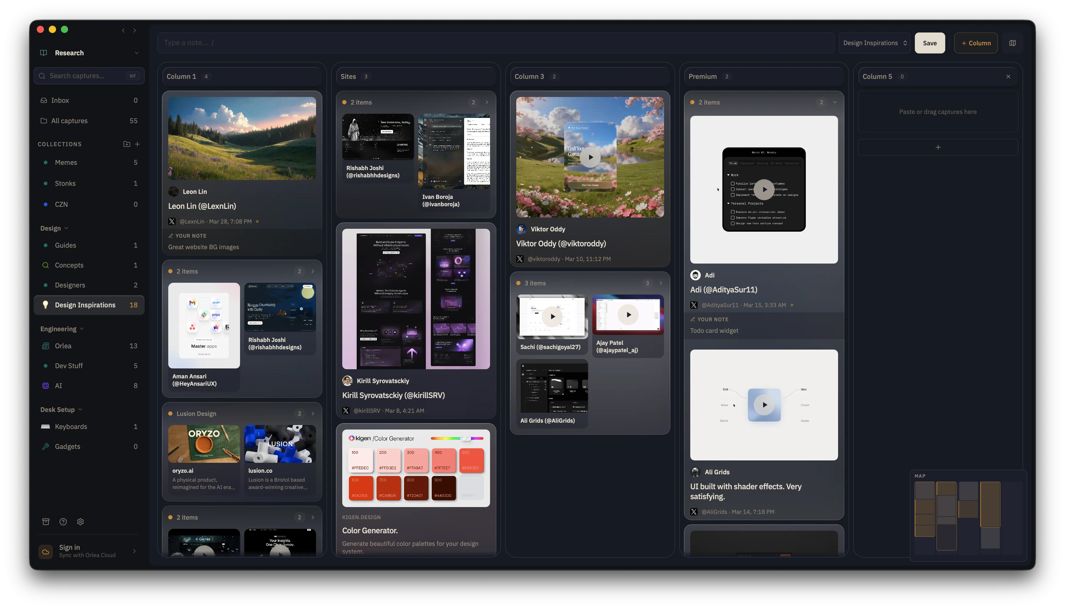 Orlea app showing a collection board with bookmarks, notes, and screenshots organized into columns